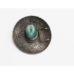 Vintage Mexican Sterling Silver Sombrero Brooch Green Stone Pin